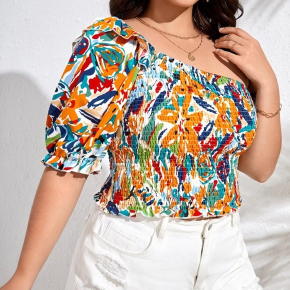 Boho Floral Print One Shoulder Crop Top - Picture 5 of 6